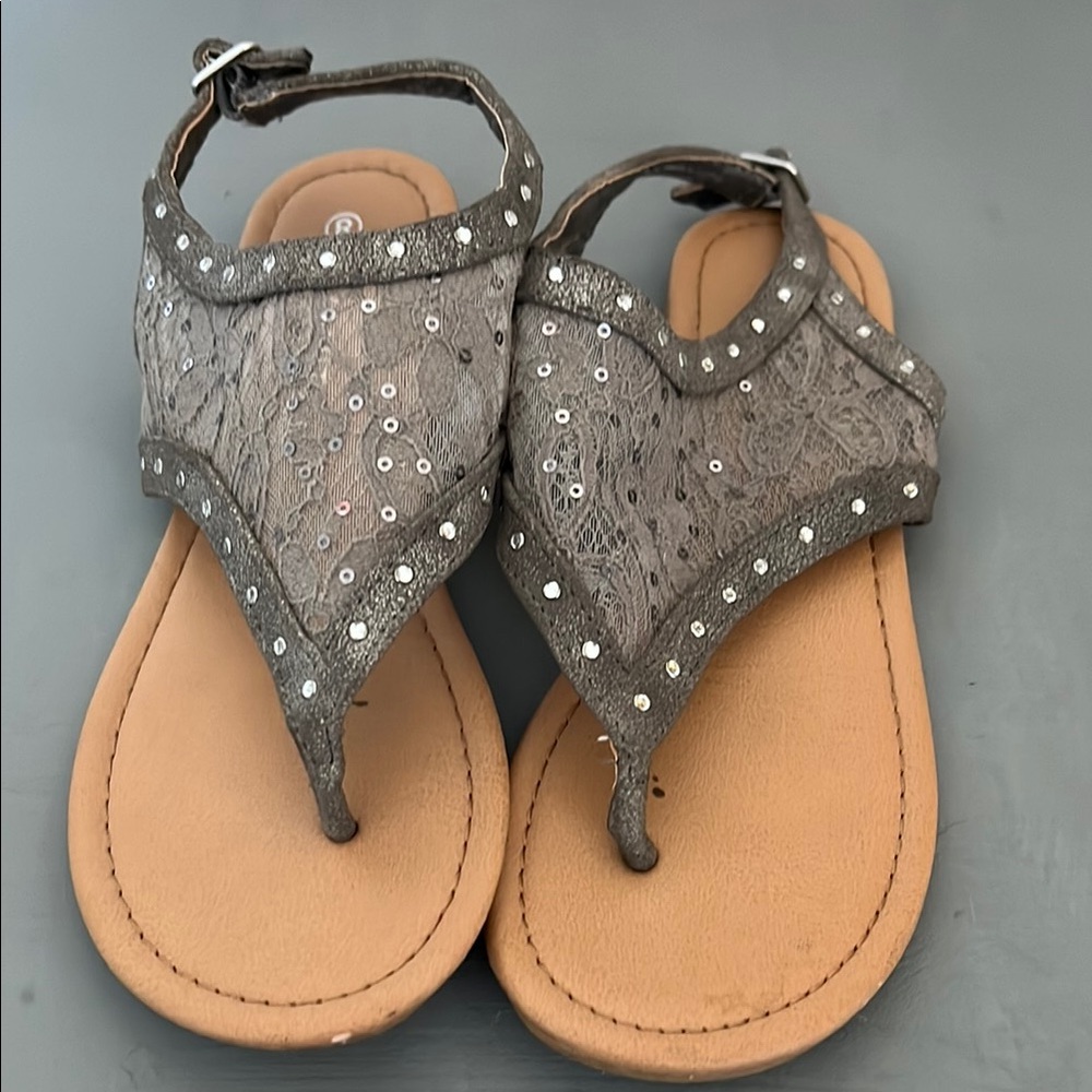 Gray and Tan Sandals with Silver Accents